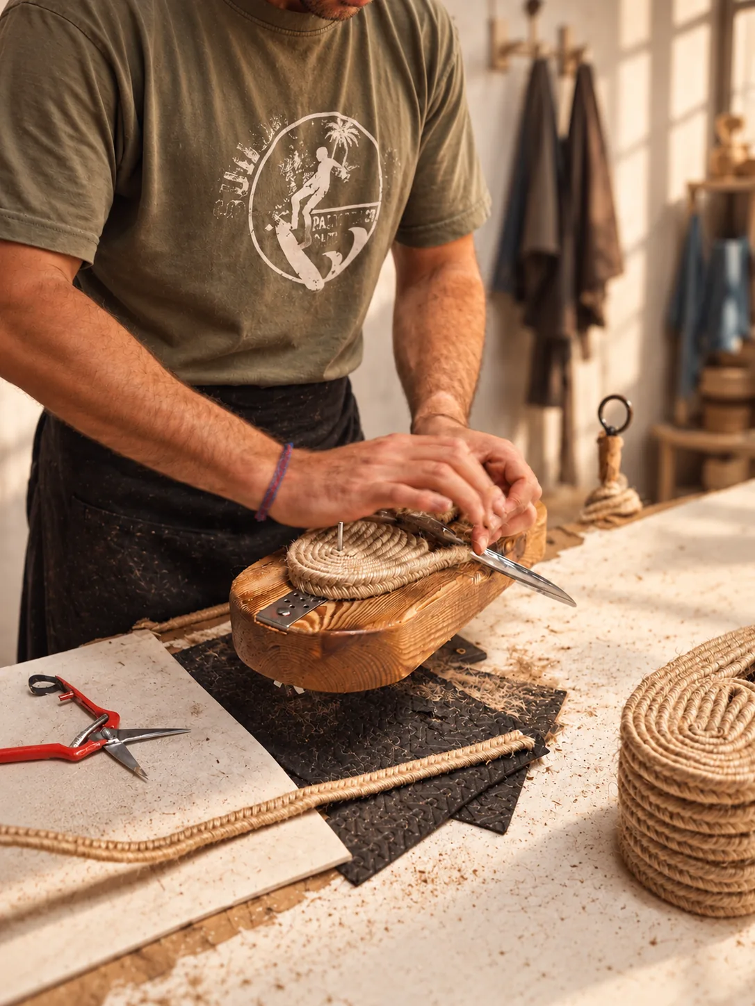 An artisan shaping a coiled jute sole on a wooden form with a knife, at a workbench covered in fibres.