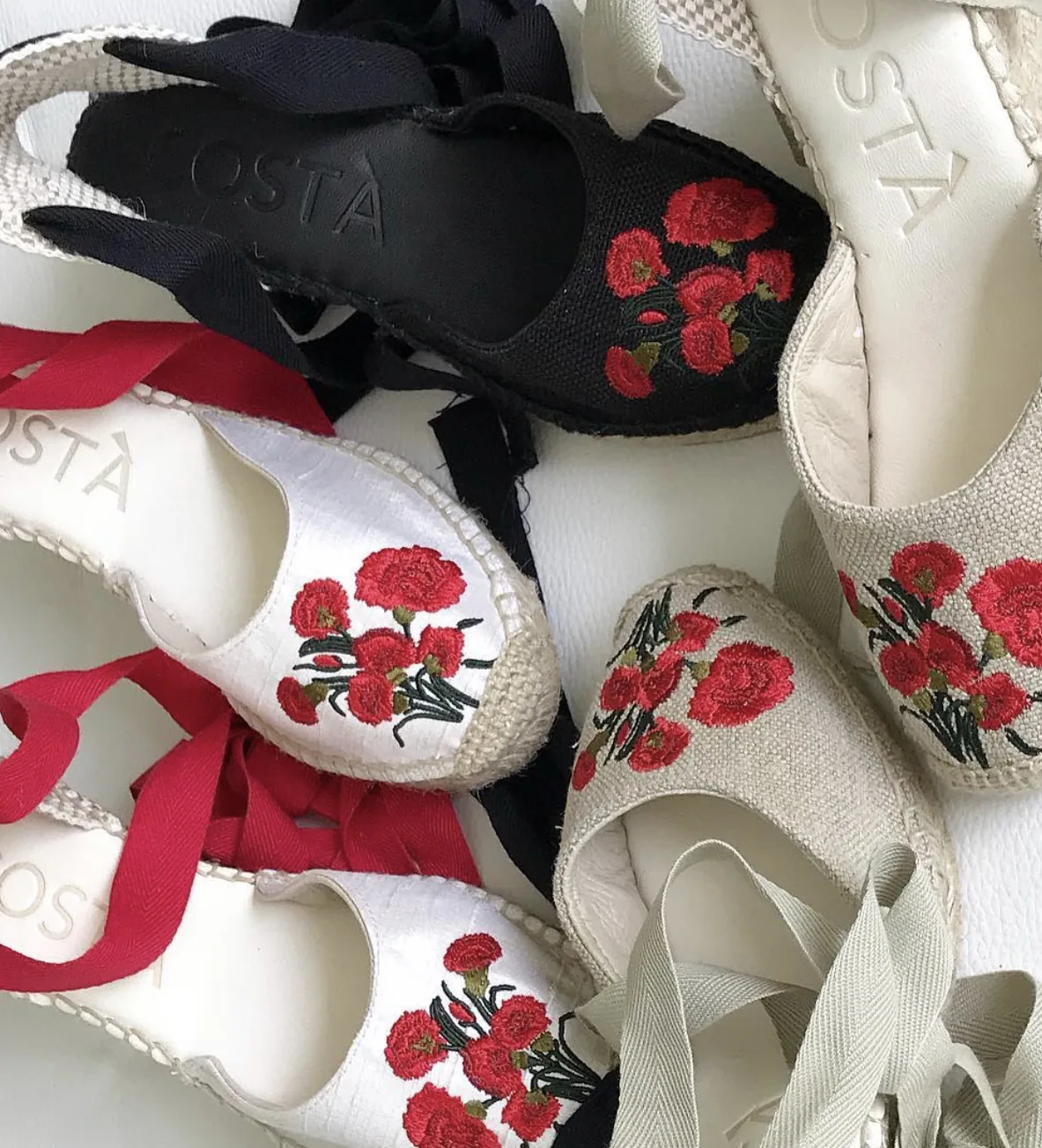 Personalised Atelier COSTÀ espadrilles with red floral embroidery and contrasting ribbons