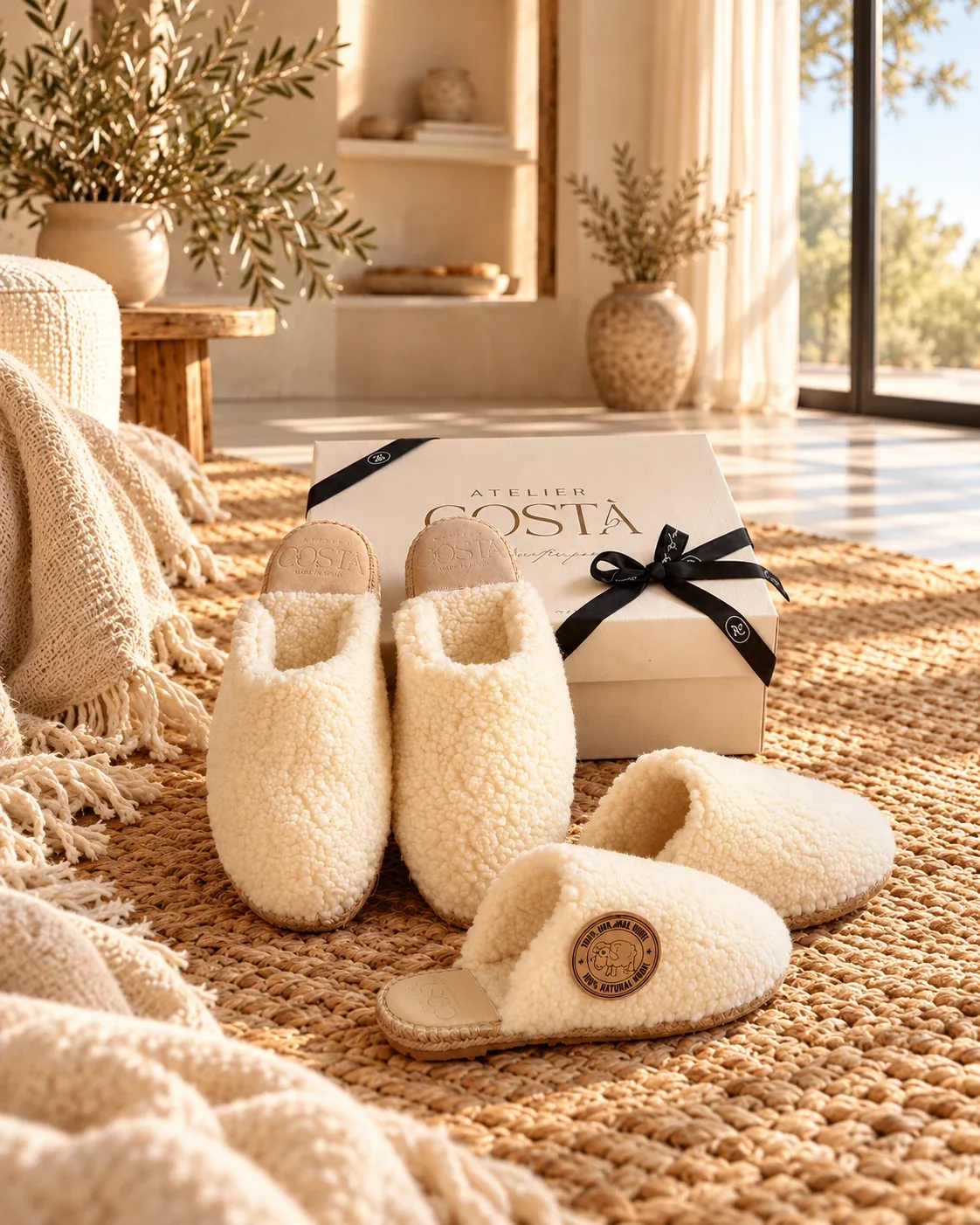 Deux paires de Dolly Wool écrues devant une boîte Atelier COSTÀ fermée d’un ruban noir, sur un tapis tressé baigné de soleil.
