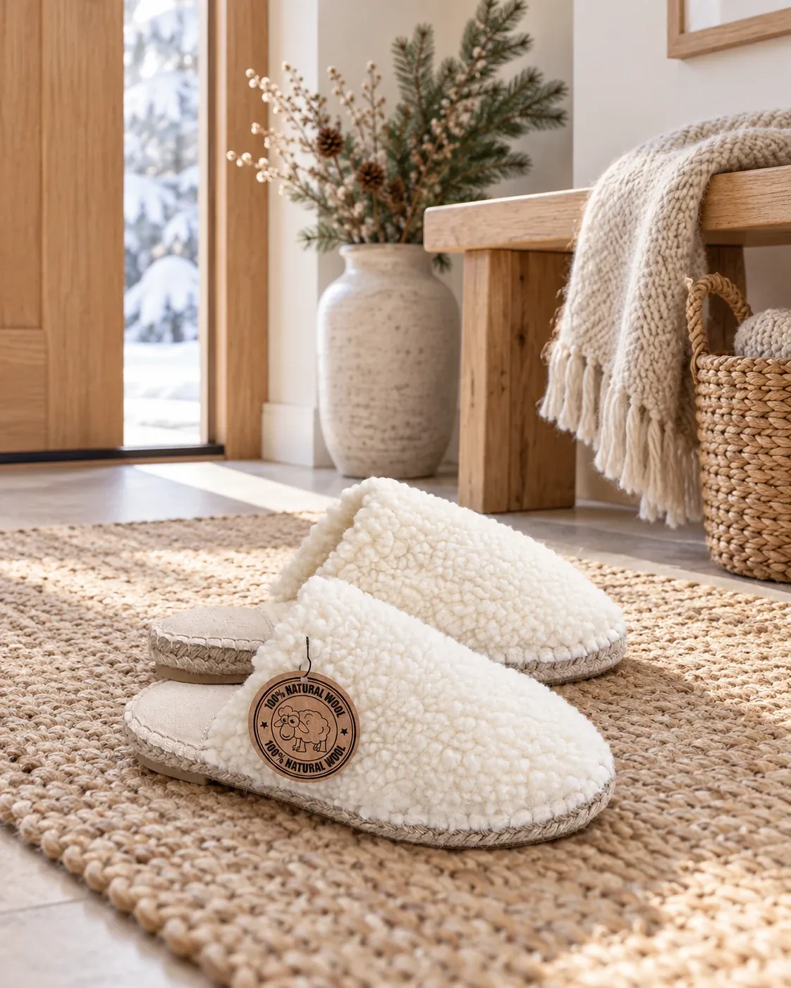 Paire de pantoufles Dolly Wool en laine bouclée écrue, sur semelle de jute, posée sur un tapis tressé près d’un banc en bois.