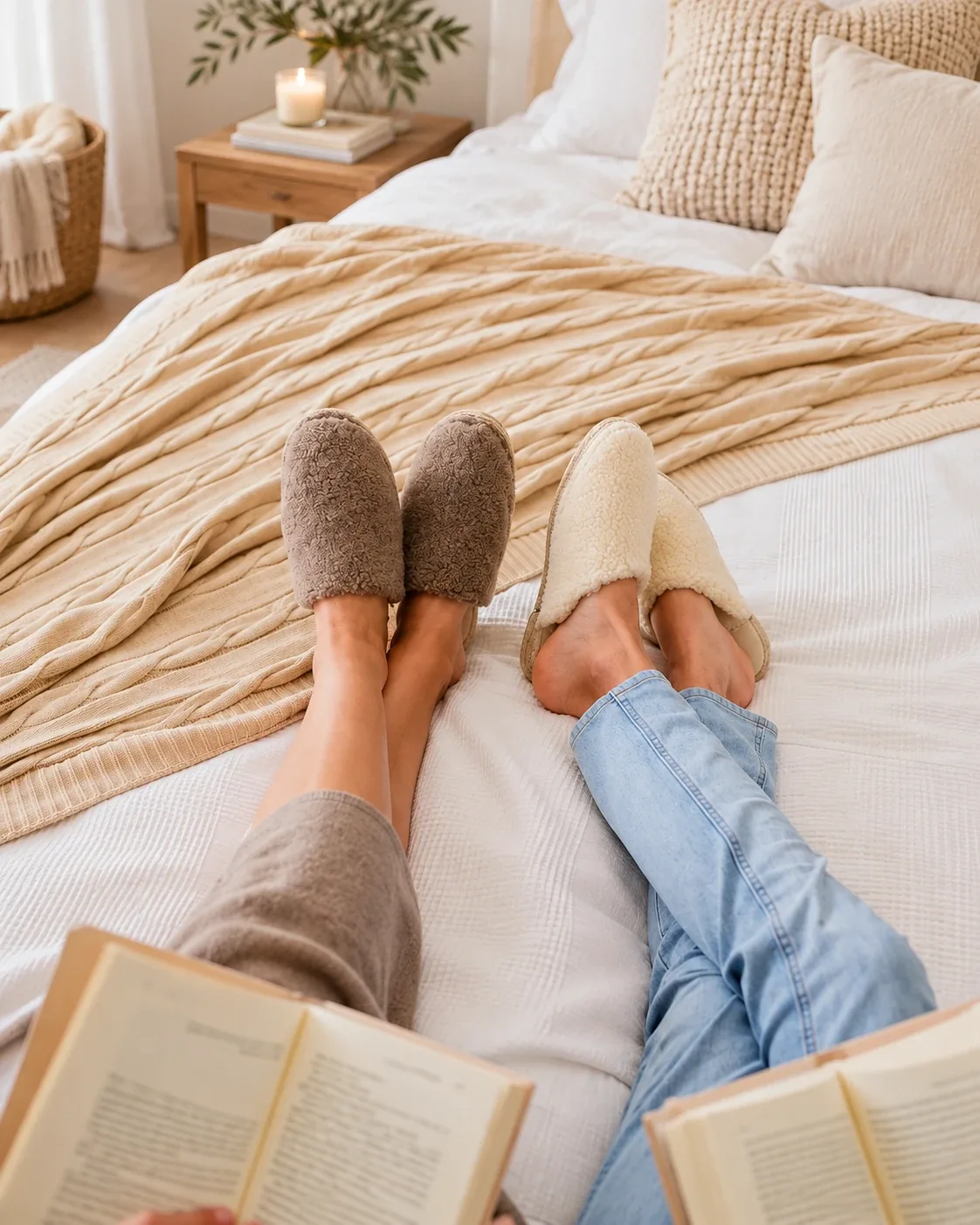 Deux personnes allongées sur un lit, un livre à la main, portant des Dolly Wool taupe et écrues.