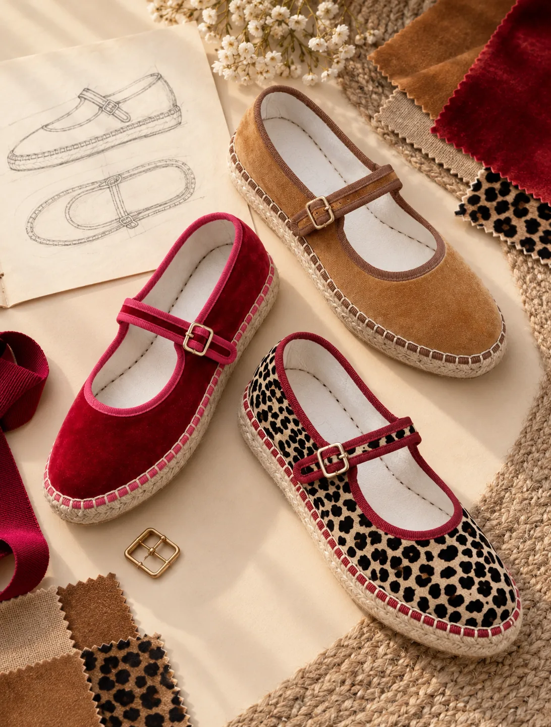 Three hand-stitched jute-sole Mary Janes in red velvet, camel suede and leopard print, with a sketch, material swatches and a gold buckle.
