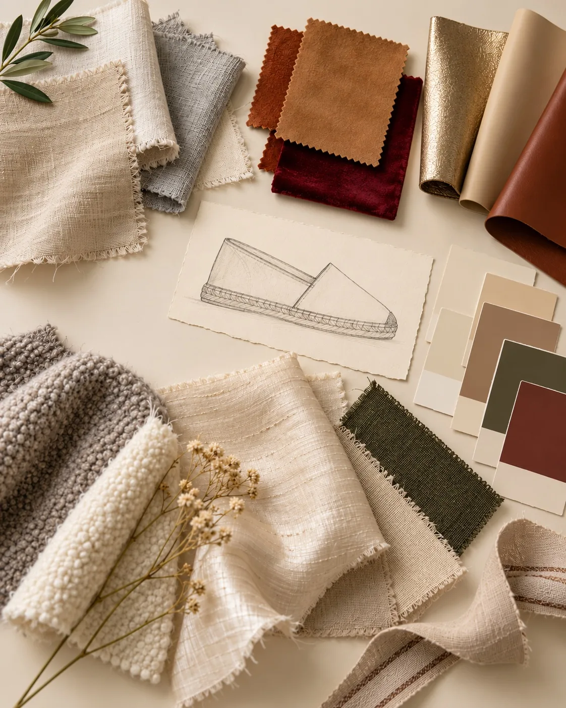 Material board for espadrilles: natural linens and canvases, suede leathers, burgundy velvet, metallic leathers, colour cards, an espadrille sketch and an olive sprig.