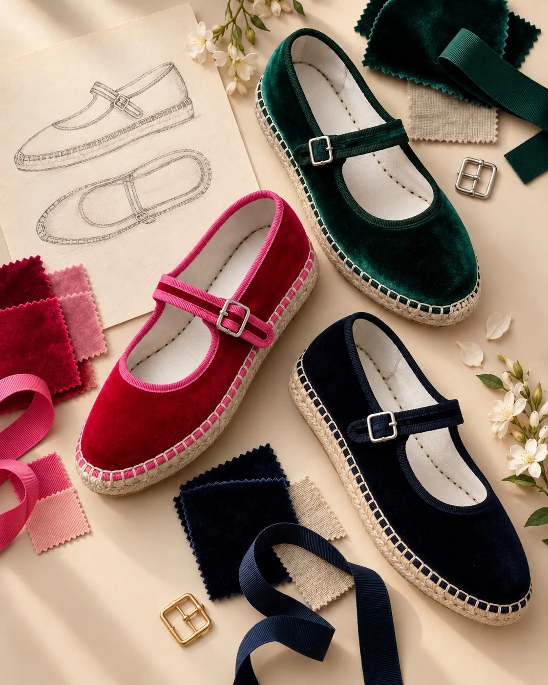 Jute-soled velvet Mary Janes in pink, green and navy, with silver buckles, grosgrain ribbon, velvet swatches and a sketch of the shape.