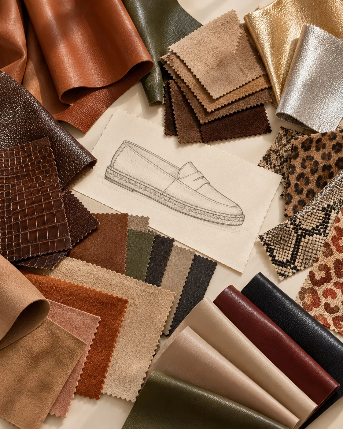 Leather board: smooth, suede, metallic, embossed and printed leathers, with colour cards and a sketch of a jute-soled loafer.
