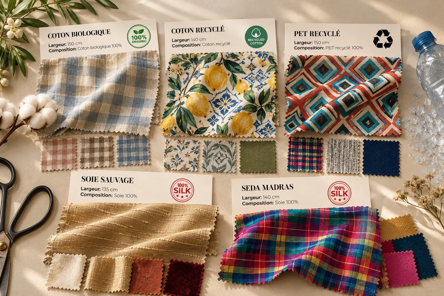Fabric board: organic cotton, recycled cotton, recycled PET, raw silk and madras silk, with small colourway swatches.