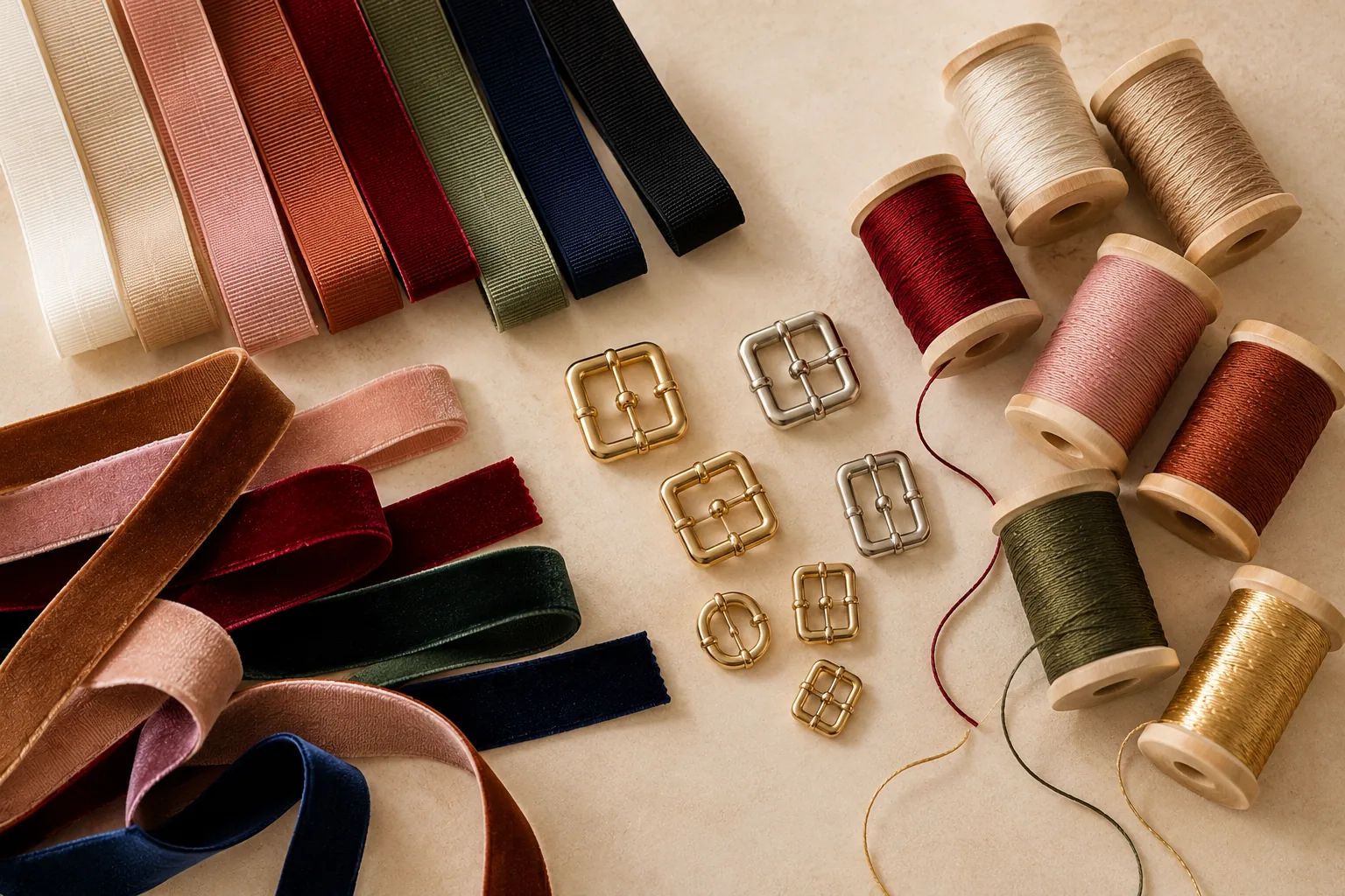 Finishing details: grosgrain and velvet ribbons in several colours, gold and silver buckles, spools of coloured and gold thread.