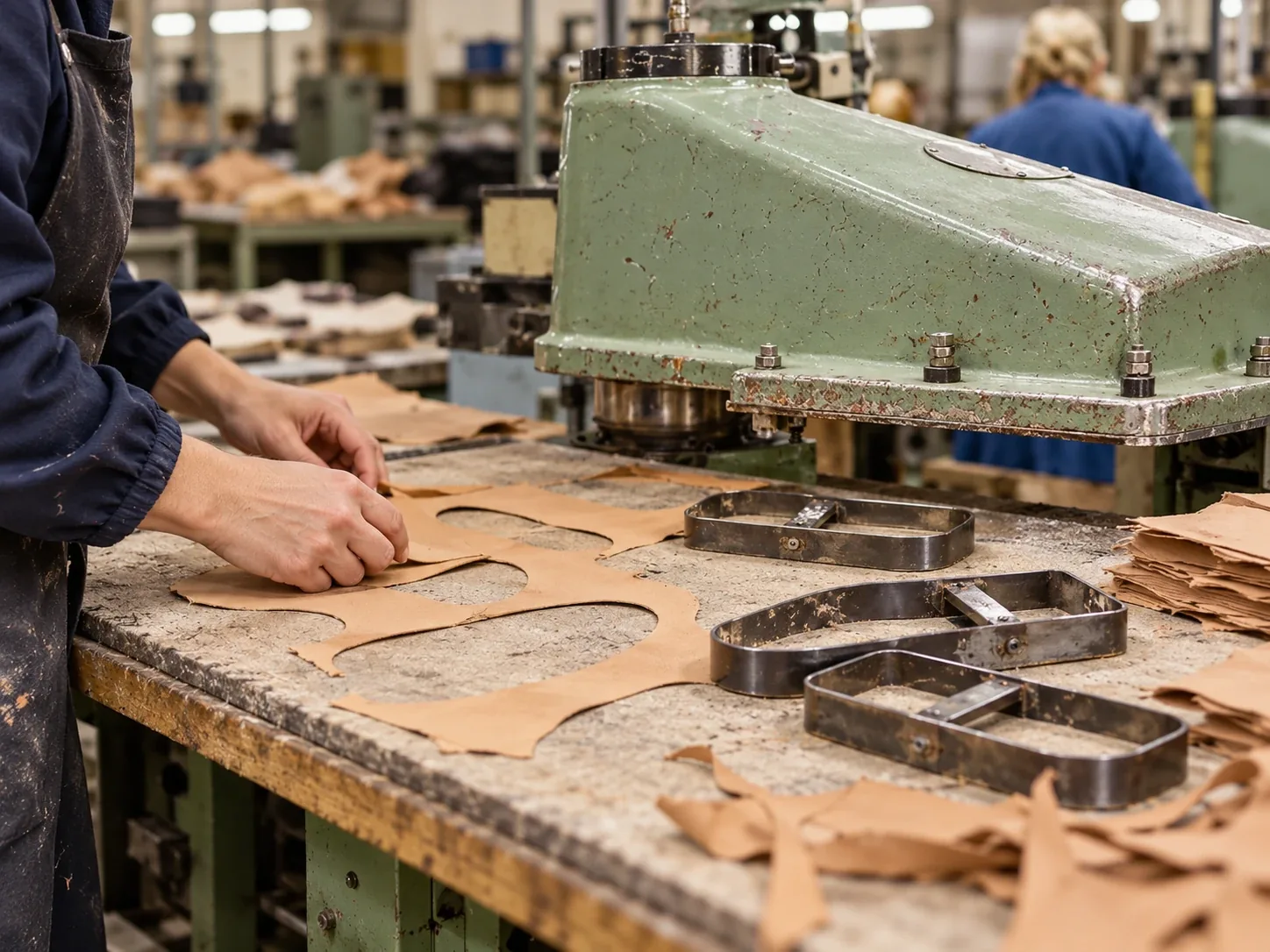 Leather pieces being cut with metal dies on a workshop table beside a cutting press.