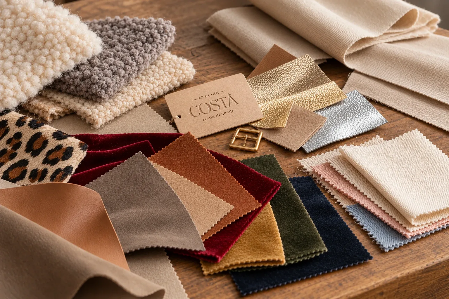 Upper material samples: bouclé wool, velvet, suede, leather, metallic leathers and canvas.