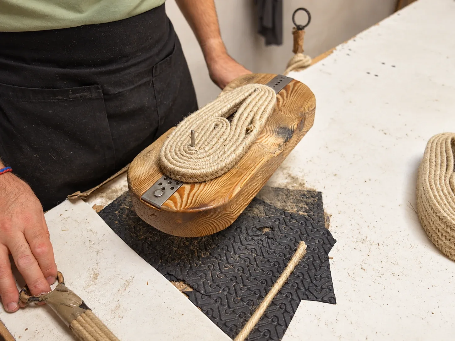 Braided jute coiled on a wooden form to shape a sole, on a workshop bench.